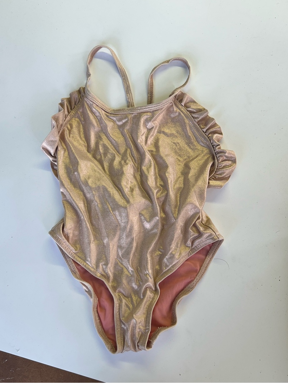Lison Paris Girl’s Shimmer Gold Pink One-Piece Swimsuit with Ruffle Sleeves